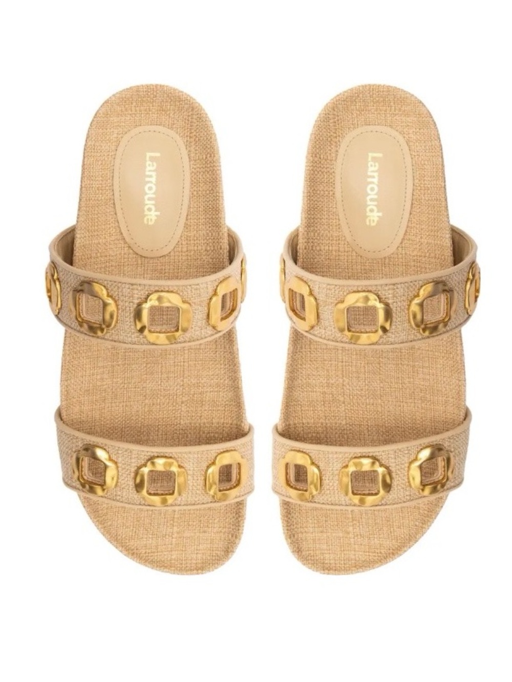 Larroude || Milan Slide Sandals in Raffia + Gold 6.5